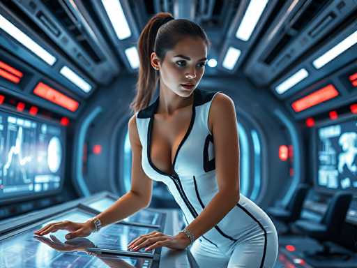 A woman stands confidently in front of a computer monitor, wearing a white jumpsuit with black accents and a ponytail. The room is filled with futuristic technology, including monitors displaying blue screens and red lights.