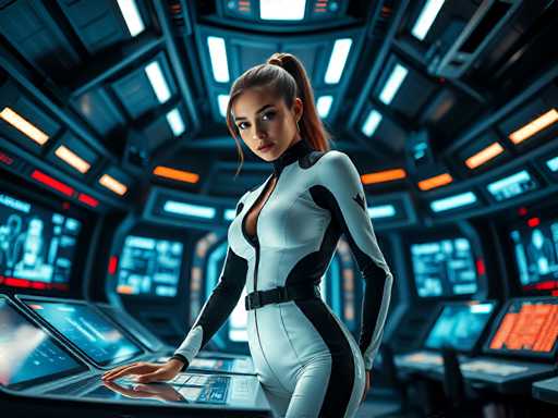 A woman stands confidently in front of a computer monitor, wearing a white and black jumpsuit with a black belt cinched at the waist. The room is filled with computer monitors displaying various colors and shapes, creating an atmosphere of technological innovation and creativity.