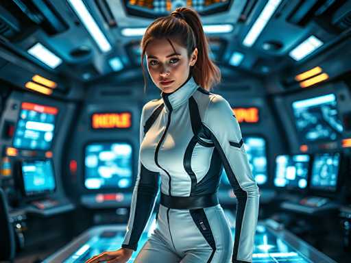 The image shows a woman standing in front of a futuristic control room with blue walls and neon lights. She is wearing a white jumpsuit with black accents and has her hair styled in a ponytail. The background features multiple screens displaying various data points and graphs, suggesting the setting could be a space station or a research facility.