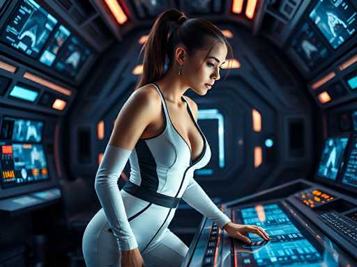 A woman wearing a white and black jumpsuit is standing in front of a computer monitor with her hands on the keyboard, suggesting she might be working or studying. The room has a futuristic design with multiple screens and monitors surrounding her, indicating it could be a space for technology or research purposes.