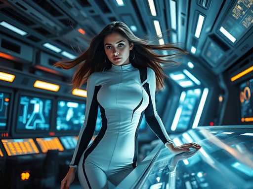 A woman stands confidently on a futuristic platform with a sleek black and white design, her arms resting at her sides as she gazes directly into the camera. The background is filled with an array of screens displaying various colors and shapes, suggesting a space that is both modern and complex.