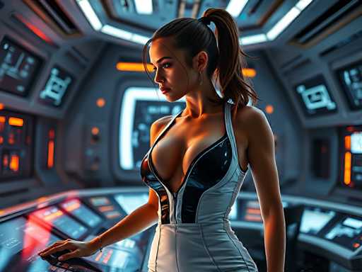 A woman stands in front of a computer monitor with her hand on the keyboard, wearing a white dress and black heels.