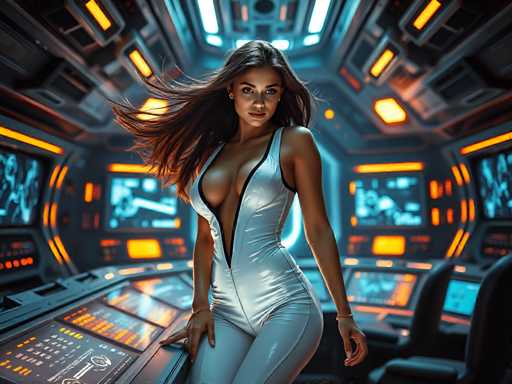 A woman stands confidently in front of a futuristic control panel with glowing screens and buttons, wearing a white jumpsuit that contrasts with the vibrant colors around her.