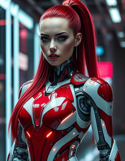 A woman with red hair styled in a ponytail and wearing a futuristic red and white suit stands confidently against the backdrop of a city street at night.