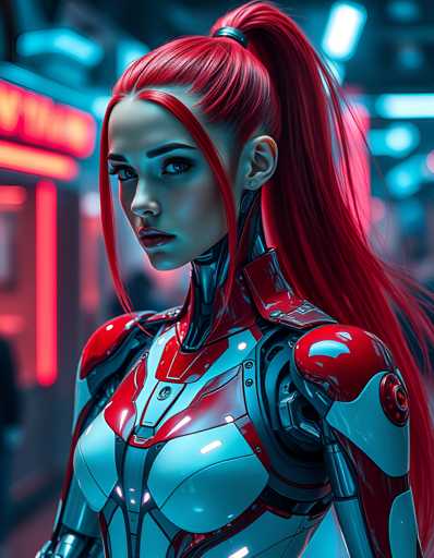 The image depicts a woman with long red hair wearing a futuristic white and silver suit that has a metallic sheen. The woman is positioned against the backdrop of a city street at night, with neon lights illuminating her surroundings.