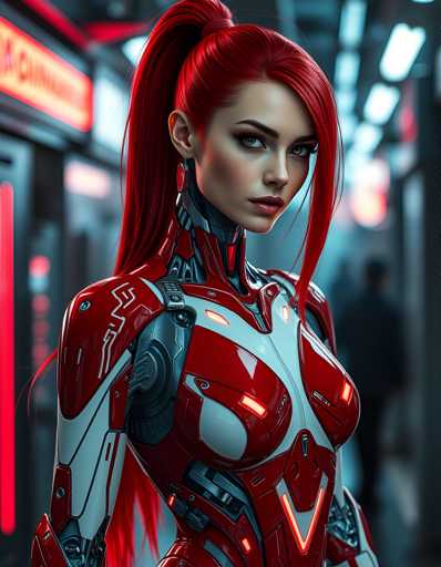 The image shows a woman with red hair and a futuristic outfit standing against the backdrop of a city street at night. The woman is wearing a red and white suit that has a metallic sheen to it, giving her an otherworldly appearance. Her long red hair adds to her unique look. In the background, there are buildings and lights illuminating the scene, creating a contrast between the dark environment and the bright lights.