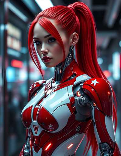 A woman with red hair and a futuristic body suit stands against a blurred cityscape backdrop of buildings and neon lights.