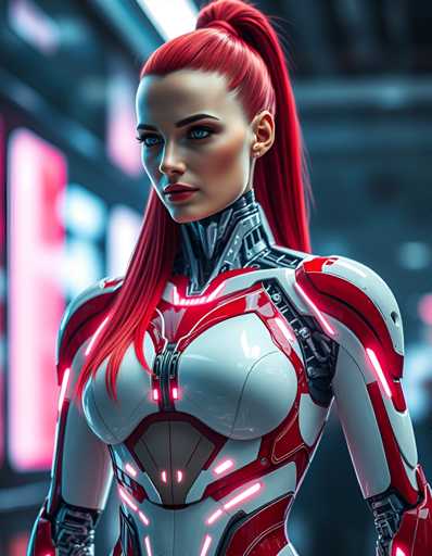 A woman with red hair styled in a ponytail and wearing a futuristic white and red suit with neon pink accents stands against a dark blue background.