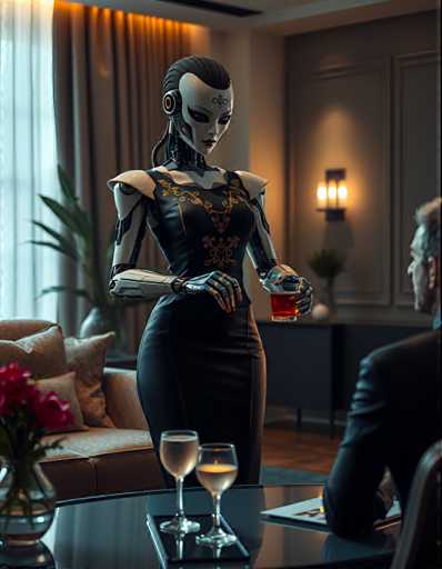 A woman dressed in a black dress with gold accents stands at a table holding a glass of red wine and a vase filled with pink flowers. A man is seated across from her on the other side of the table.