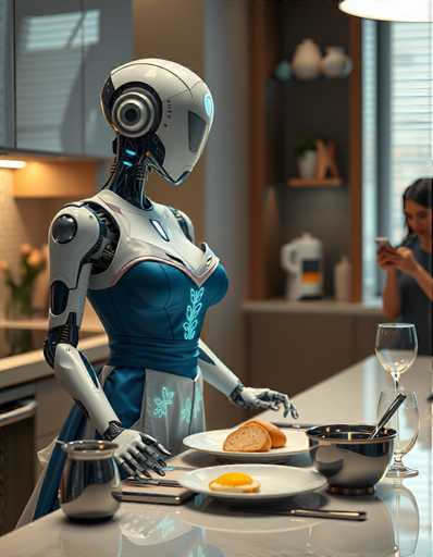 A 3D rendering of a robot with blue and white skin wearing a blue dress stands at the center of a kitchen counter holding two plates of food - one plate has an orange slice on it. The background shows a kitchen setting with various appliances such as a refrigerator, oven, and sink visible in the image.