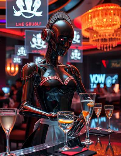 The image shows a bar scene with a robot bartender serving drinks. The bartender is wearing a black outfit and has a large headdress on their head. They are holding a glass of champagne in one hand and a glass of water in the other. Behind them, there are several glasses filled with various drinks placed on a table.