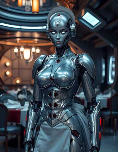 A robot with blue eyes and a silver body stands in front of a restaurant window, wearing a white dress and holding a red umbrella.
