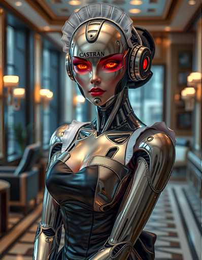 A woman with red eyes and a futuristic silver robot suit is standing in front of a window, wearing headphones that have the word "Castran" written on them. The room has a beige color scheme and features several potted plants scattered throughout the space.