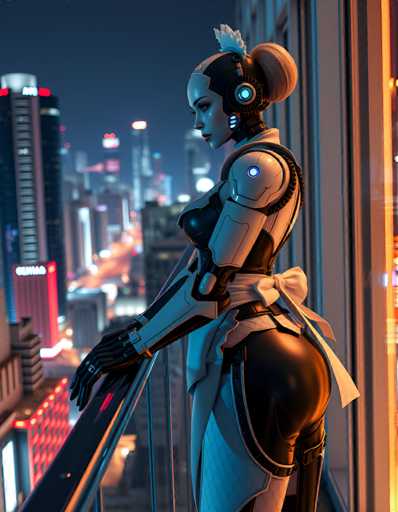 A woman dressed as a robot stands on a balcony at night, wearing a black and white outfit with a blue headband and holding a microphone. The city skyline is visible through the window in the background.