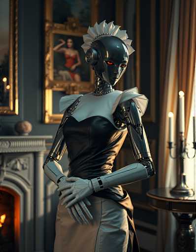 A robot with a white headdress and black dress stands in front of a fireplace, holding a candle. The room is decorated with paintings on the walls and a chandelier hanging from the ceiling.