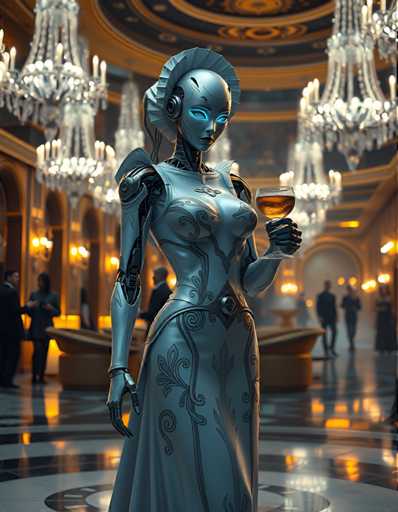 A robot woman stands on a marble floor in an opulent room with gold chandeliers and white walls. The woman is wearing a long dress adorned with intricate floral patterns and holding a glass of wine.
