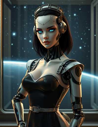 A woman with blue eyes and a black dress stands in front of a window, gazing directly at the camera. The background is dark and filled with stars, creating an otherworldly atmosphere.