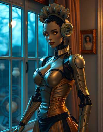 A woman with a golden dress and a crown on her head stands in front of a window, wearing headphones and looking directly at the camera.