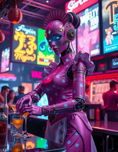 The image depicts a woman wearing a purple outfit with polka dots and a helmet on her head, standing behind a bar counter filled with various drinks and glasses. The background is illuminated by neon signs, creating an urban atmosphere.