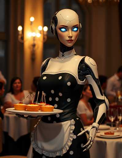 A woman dressed as a robot stands at a table with a plate of food and a glass of wine. The table is set for two, with plates, glasses, and silverware arranged neatly. In the background, other diners can be seen enjoying their meals in a restaurant setting.
