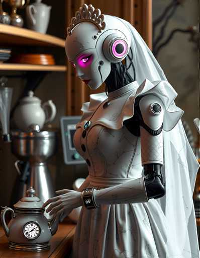 A robot with a white dress and pink headband stands on a wooden counter next to a teapot and other kitchen items.