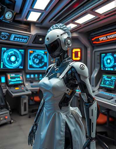 The image shows a robot standing in front of a desk with a computer monitor and keyboard on it. The robot is wearing a white dress and has a helmet on its head. The background features a control panel filled with various screens displaying different colors and symbols.