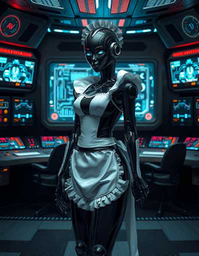 A woman dressed as a robot stands in front of a computer monitor and keyboard, with the words "AV" and "11" visible on the monitor. The background is dark blue, and there are two other monitors present in the scene.