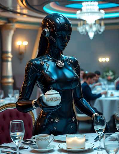 A woman dressed as a robot stands at a table with a white plate and a cup of tea, holding the cup in her right hand while wearing a black bodysuit that covers most of her body except for her head. The table is set with silverware including forks and knives on either side of the plate, and there are wine glasses placed on the table as well.