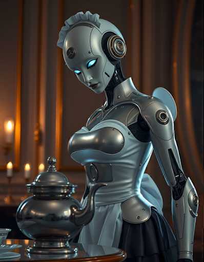 A robot with blue eyes and a white face is standing next to a teapot on a table. The robot has a black dress and silver armor that glistens under the light. A candle is lit behind the robot, casting a warm glow over the scene.
