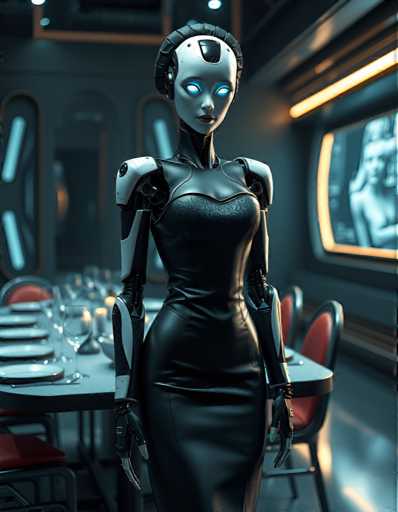A robot with blue eyes and a white face stands in front of a dining table adorned with plates and glasses. The table is surrounded by chairs, suggesting an indoor setting such as a restaurant or a formal event venue.