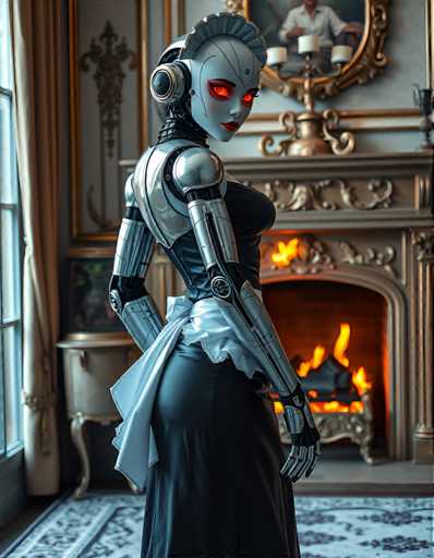 A woman dressed as a robot stands in front of a fireplace with a gold frame and a painting on the wall behind her. She is wearing a black dress and has red hair styled in an updo.