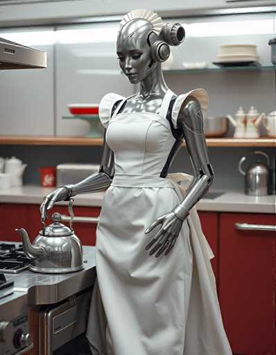 A silver robot with a white dress and headdress stands on a red countertop next to an oven. The robot is holding a teapot over the stove.