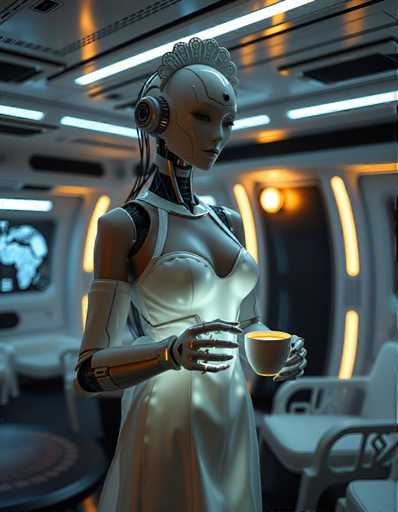 A 3D rendering of a robot woman standing in a room with white walls and blue ceiling lights. The robot is wearing a white dress and holding a cup of coffee.