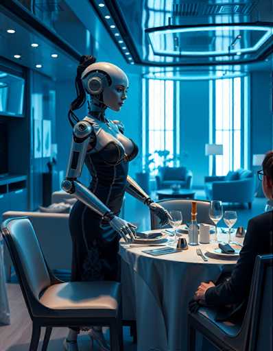 A 3D rendering of a robot woman dressed in black and silver with white hair standing at a table holding a wine glass and fork. The table is set for two with plates, glasses, and cutlery arranged neatly.