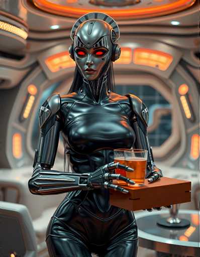 A 3D rendering of a robot with red eyes and a silver body holding an orange drink on its left hand.
