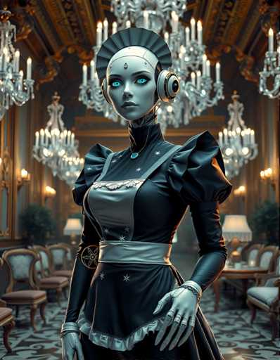 A woman dressed as a maid stands in front of a grand room with chandeliers and ornate decorations. She wears a black dress with white accents and a matching headpiece featuring a large flower design on the top. The room is filled with several chairs arranged around a table, suggesting it could be a dining or social area.