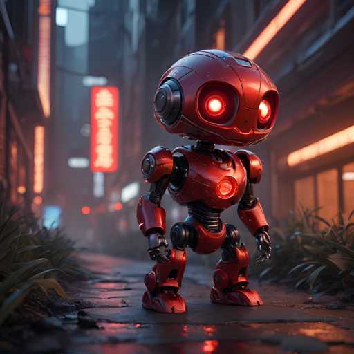 The image depicts a robot standing on a sidewalk in an urban setting at night. The robot is predominantly red and has large eyes that glow with an eerie blue light. It appears to be made of metal or plastic, giving it a futuristic appearance. The background features buildings and neon signs, adding depth and context to the scene.