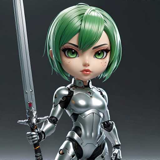 A 3D rendering of a female character with green hair and eyes wearing a silver suit holding a sword against a black background.