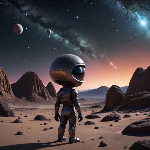 A 3D rendering of an astronaut standing on a rocky terrain with the sky filled with stars and planets behind them. The astronaut is wearing a silver helmet and has their back facing the camera.
