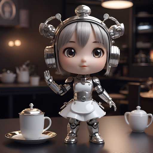 A 3D rendering of a doll with silver hair and a white dress standing on a black table next to a coffee cup and saucer.