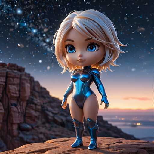 A 3D rendering of a blonde-haired girl with blue eyes and a blue bodysuit standing on a rocky cliff overlooking the ocean at sunset.
