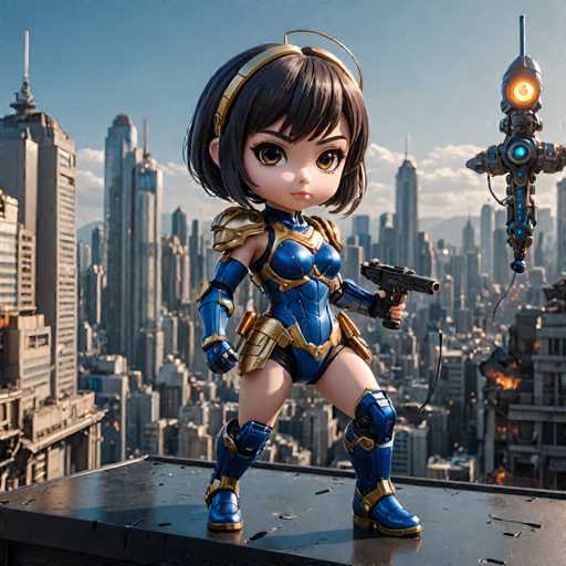 A small figurine of a girl dressed as a superhero with blue armor and gold accents stands on a rooftop overlooking a cityscape filled with tall buildings under a clear blue sky.