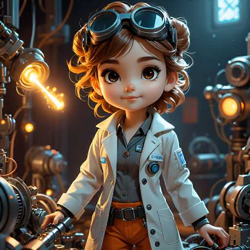 The image depicts a cartoon girl with brown hair and glasses standing in front of a machine that is emitting a bright light. The girl is wearing a white lab coat and orange pants, giving her a professional appearance. She has a serious expression on her face as she looks directly at the camera.
