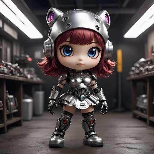 A 3D rendering of a small girl with red hair and blue eyes wearing a silver helmet and armor standing on a gray concrete floor inside a workshop or garage setting.