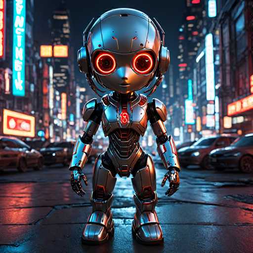 The image depicts a robot standing on a city street at night. The robot is wearing a helmet with red lights and has large eyes that glow orange. It appears to be made of metal or silver material, giving it an industrial appearance. In the background, there are buildings illuminated by neon signs, creating a vibrant urban atmosphere.