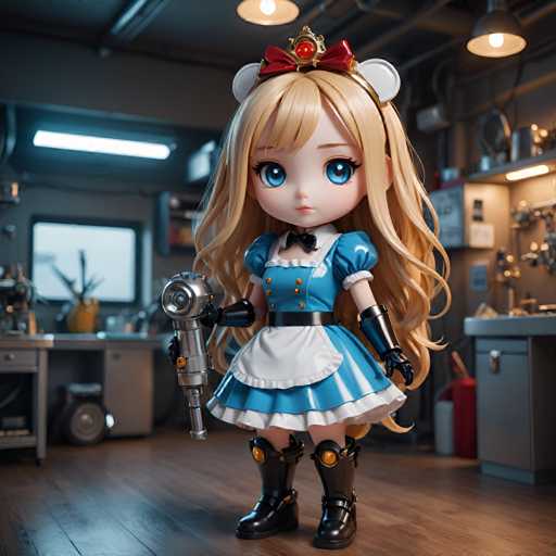 A 3D rendering of a blonde-haired doll dressed in a blue and white dress with a red bow on her head, holding a gun and standing in front of a sink and a window.