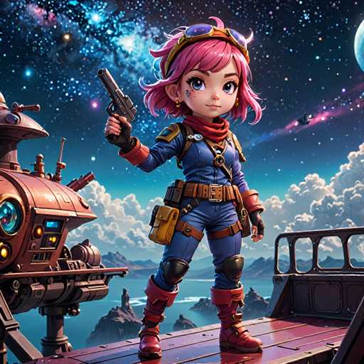 A cartoon girl with pink hair and a blue outfit stands on a platform holding a gun, wearing a helmet and goggles. The background features a large rocket ship against the night sky filled with stars.
