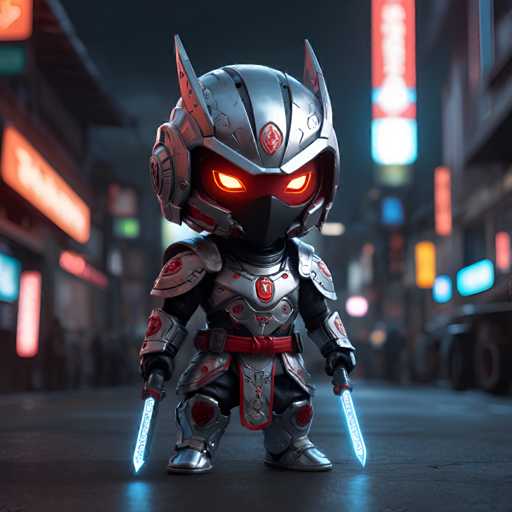 The image depicts a small robot figure standing on a street at night with its arms crossed and holding two blue swords. The robot is wearing a silver suit with red accents and has glowing red eyes that give it an eerie appearance. The background shows the city lights of a bustling urban area, creating a contrast between the robot's metallic sheen and the vibrant cityscape.