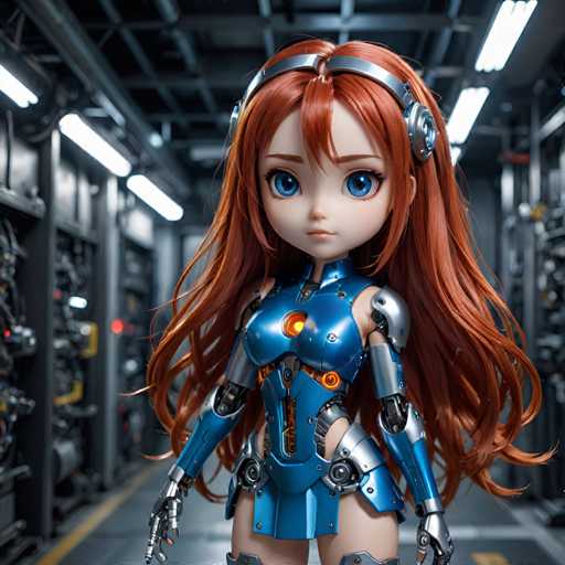 A doll with long red hair and blue eyes is standing in a large room filled with various machines and equipment. The doll is wearing a blue outfit that includes a helmet and gloves, giving it the appearance of a robot or cyborg.