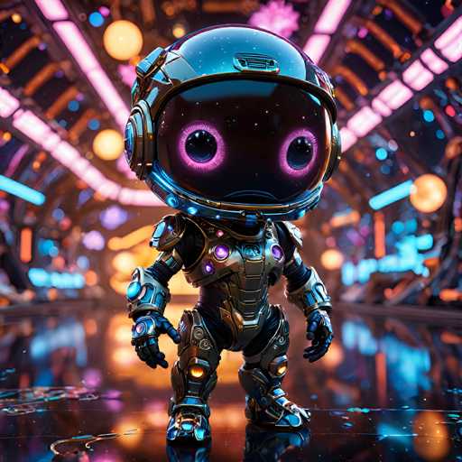 The image shows a robot standing on a reflective surface with its arms and legs spread out. The robot is wearing a helmet that has pink lenses and a gold body. The background of the image features a futuristic setting with neon lights and a circular window.